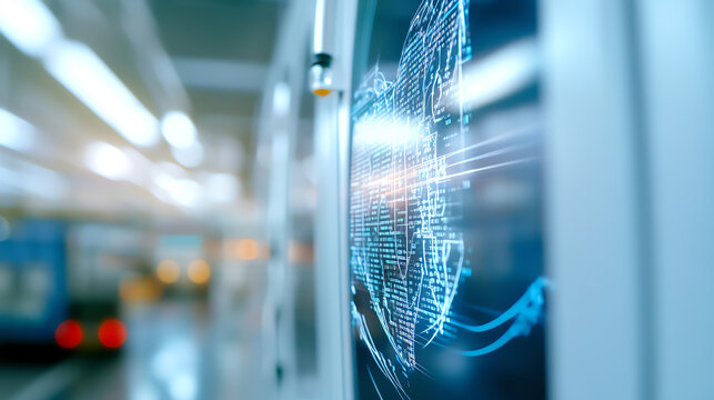 Futuristic digital globe illustration on a screen in a modern workspace, symbolizing innovation and connectivity in technology. - Powered by Adobe