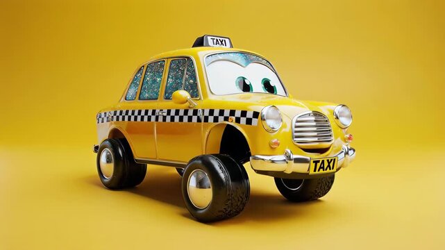 Yellow car with checkered stripe and taxi sign
