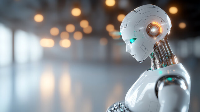 Futuristic robot character with glowing blue eyes in a modern, sleek environment highlighting advanced technology.