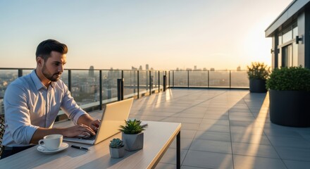 Obraz premium Young caucasian male working on laptop at rooftop terrace during sunset