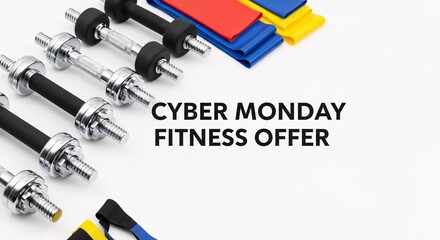 Cyber monday fitness offer featuring weights resistance bands on white background