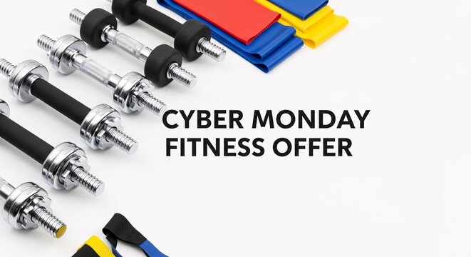 Cyber monday fitness offer featuring weights resistance bands on white background
