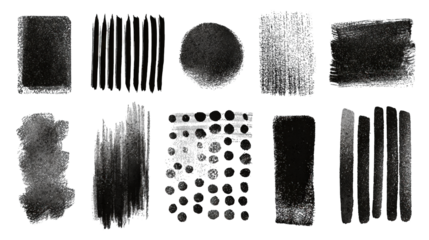 A collection of textured black and white brush strokes and patterns arranged in a grid format, showcasing various artistic styles.