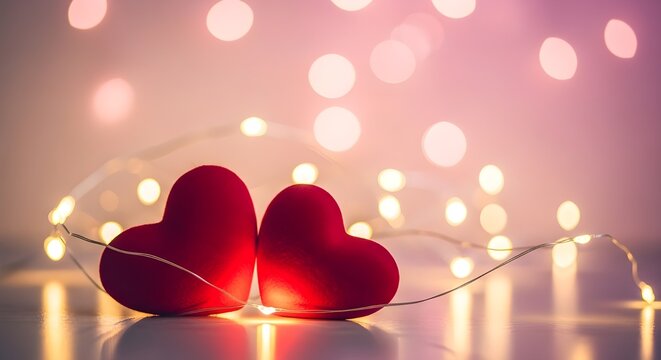 Two red hearts with light string on pink background for valentines day - Powered by Adobe