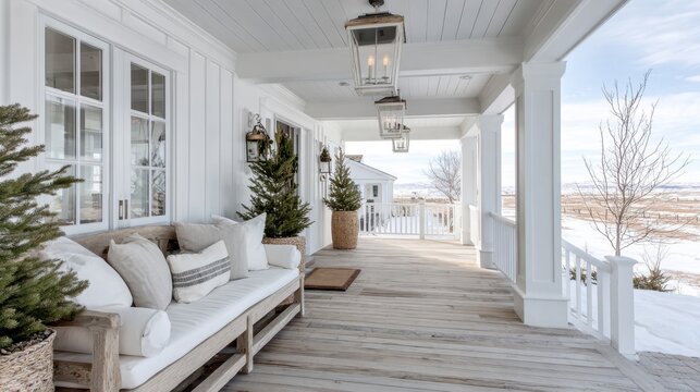 A white porch with a bench and a couple of potted plants. The bench is covered with pillows and the potted plants are placed on the porch. The porch has a cozy and inviting atmosphere