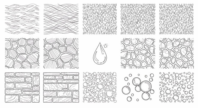 Collection of Hand Drawn Textured Patterns Featuring Waves, Crosshatch Lines, Vertical Strokes, Stone Pavement, Brickwork, and Bubbles