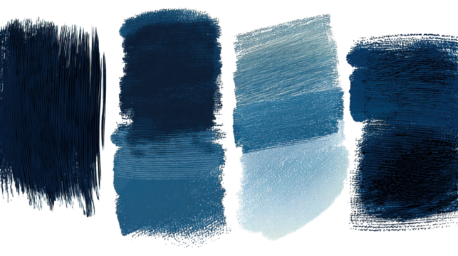 A series of textured blue paint strokes showcasing various shades and patterns.