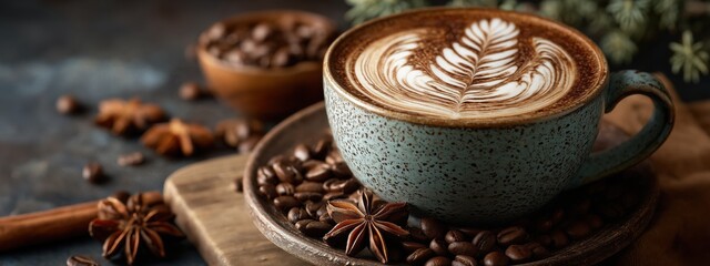 Creamy Coffee in Blue Mug with Leaf Design and Cinnamon Spices on Rustic Wooden Table