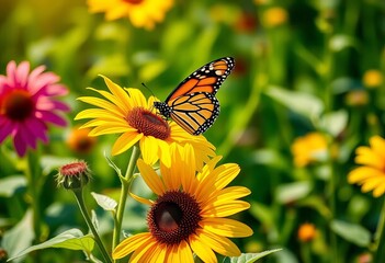 Naklejka premium Vibrant monarch butterfly perched on a vibrant sunflower in a sun-drenched meadow, white, image
