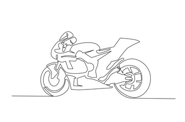 Continuous one line drawing modern motorsport. Motorsport bike in single line art illustration. Editable vector.