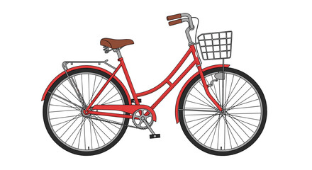 A classic red city bicycle with a front basket a luggage rack and a brown leather seat is shown in a simple line drawing.