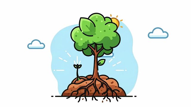 Illustration of a growing tree with roots and a seedling.