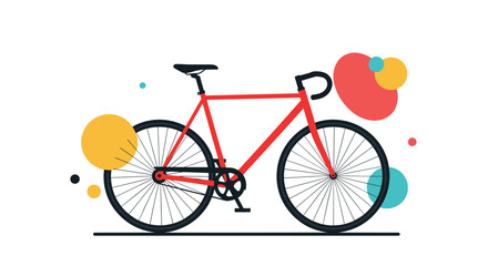 Fototapeta premium A modern red road bike or fixed-gear bicycle is illustrated in a flat style with colorful abstract circles in the background.