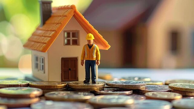 Miniature house and construction worker figurine placed on a stack of shining coins, symbolizing strategic investment, financial planning, and the journey of building or acquiring a secure home asset
