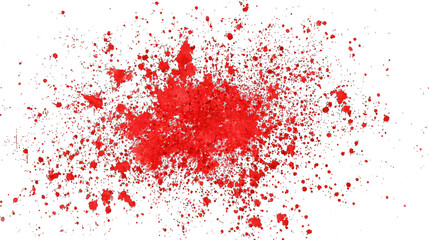 A vibrant explosion of red particles scattered in various directions, showcasing dynamic movement and vivid color.