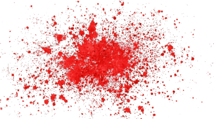 A vibrant explosion of red particles scattered in various directions, showcasing dynamic movement and vivid color.