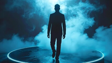 Silhouette of a person walking on a glowing platform with atmospheric effects, symbol of transition