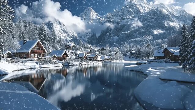 Charming Winter Landscape with Snow-Covered Cabins and Majestic Mountains at Twilight