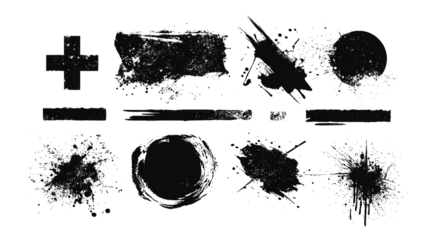 A collection of abstract black splatter and paint effects, including shapes and textures, ideal for creative design projects.