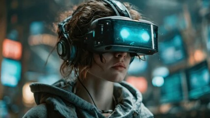 Captivating AI generated video of a young person immersed in a futuristic virtual reality world, exploring the metaverse with advanced VR headset technology. - Powered by Adobe