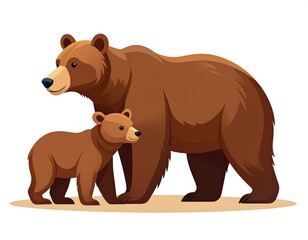 Fototapeta premium A cartoon illustration features a brown bear and its cub standing side-by-side, likely in a forest setting, isolated on a white background