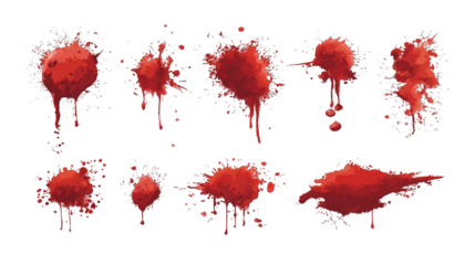 A collection of red splatters and drips, showcasing various shapes and sizes, resembling vibrant paint or liquid.