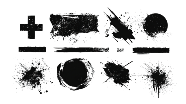 A collection of abstract black splatter and paint effects, including shapes and textures, ideal for creative design projects.