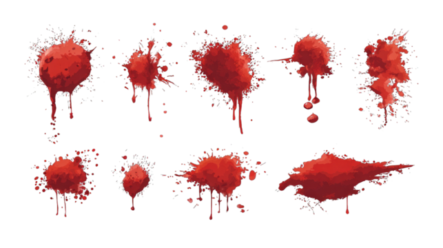 A collection of red splatters and drips, showcasing various shapes and sizes, resembling vibrant paint or liquid.