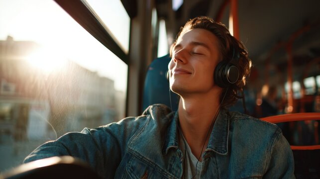 In a cozy bus setting a young man with headphones sits back lost in music as the warm sunset light filters through the window creating a soothing moment of relaxation.