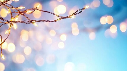 A string of warm, glowing fairy lights is draped across the top left corner, with a soft bokeh effect of out-of-focus lights in the background.