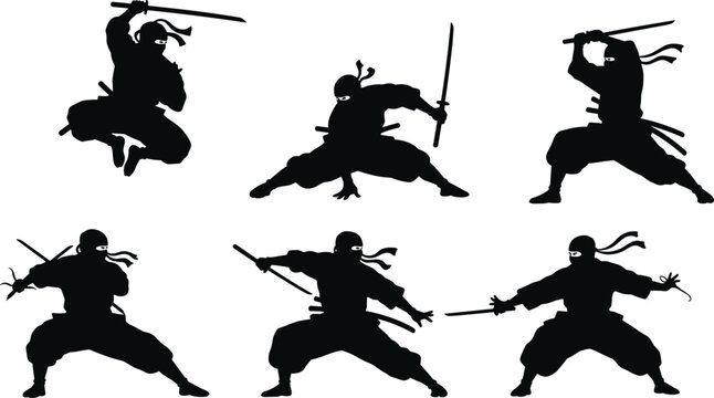 Set of black ninja silhouettes fighting with swords, japanese assassin characters with katana, vector illustration isolated on white background for design.
