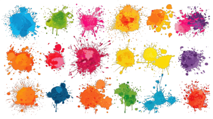 A vibrant array of colorful paint splatters in various shapes and sizes.
