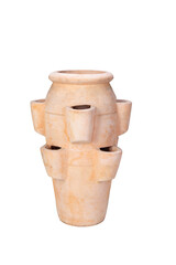 Terracotta strawberry planter pot with multiple openings on white background garden