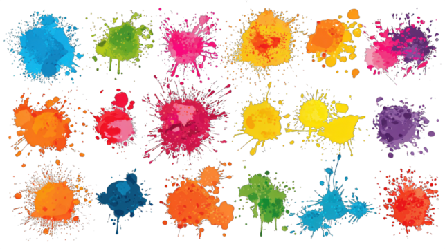 A vibrant array of colorful paint splatters in various shapes and sizes.