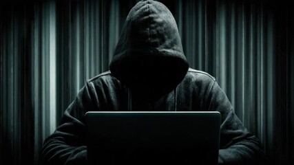 AI generated video: Mysterious hooded hacker typing on laptop in dark room, cybercrime, data breach, digital security threat concept. - Powered by Adobe