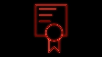 Bright red neon glowing certificate icon on black background representing education, diploma, achievement, quality, and official recognition vector illustration