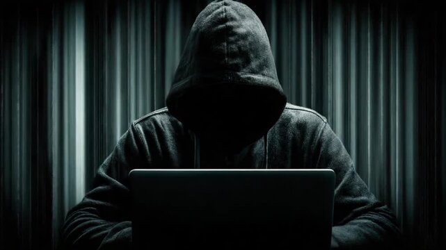 AI generated video: Mysterious hooded hacker typing on laptop in dark room, cybercrime, data breach, digital security threat concept.