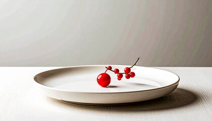 白いプレートと赤い実の冬のミニマル構図 | Minimalist Winter Table Setting with White Plates and Red Berries
