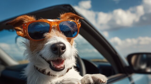 A dog wearing sunglasses is sitting in a car. The dog is smiling and he is enjoying the ride