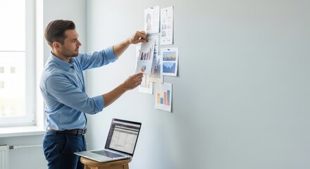Young caucasian adult male analyzing business charts on wall with laptop