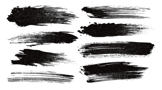 A collection of textured brush strokes in various shapes and sizes, showcasing a range of artistic styles.