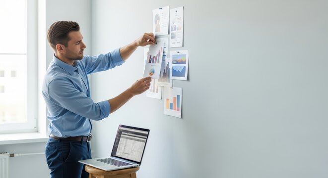 Young caucasian adult male analyzing business charts on wall with laptop
