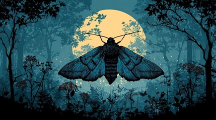 Silhouette of moth flying under moonlight, mysterious elegant vector perfect for fantasy, night wildlife, or symbolic designs.