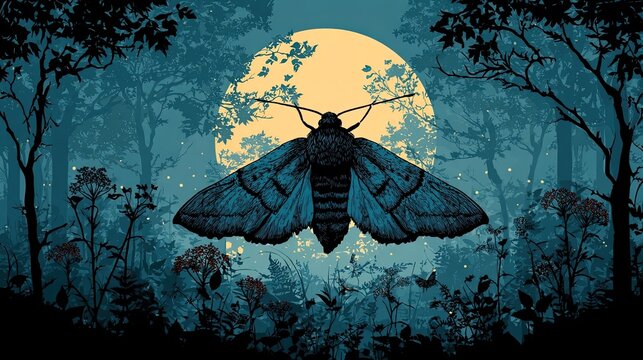 Silhouette of moth flying under moonlight, mysterious elegant vector perfect for fantasy, night wildlife, or symbolic designs.