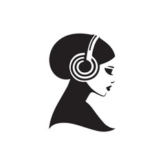 Black Vector Illustration of Woman Wearing Headphone in Clean Minimal Style on White Background