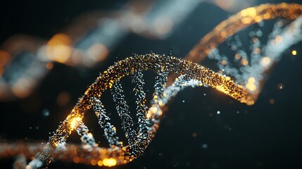Sparkling Golden DNA Helix on a Dark Background in a Scientific Illustration of Genetic Research Concepts