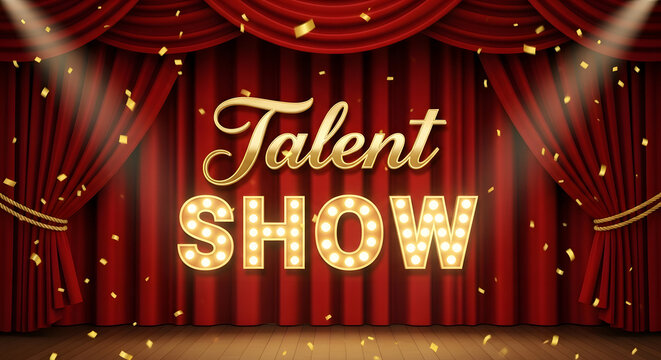 Golden talent show marquee lights shine on red velvet stage curtains with falling confetti