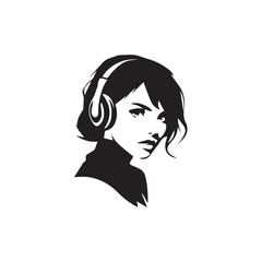 Black Vector Illustration of Woman Wearing Headphone in Clean Minimal Style on White Background