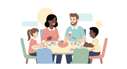 Diverse Family Enjoying a Meal Together Around a Table Illustration