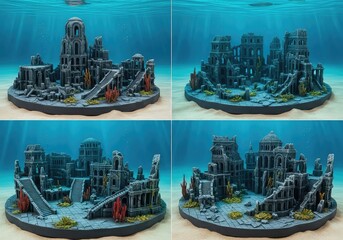 Four detailed miniature models of ancient underwater city ruins, featuring submerged buildings, columns, and stairs with coral.